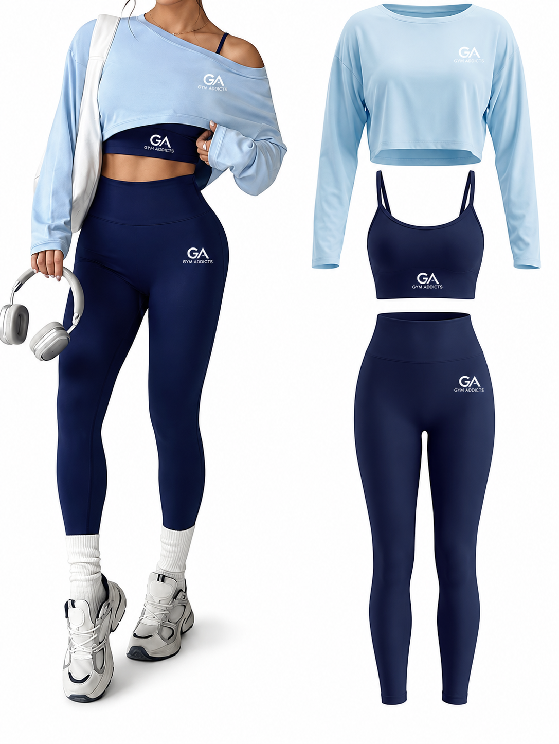 Cutecrop Women 3 Piece Seamless Workout Set High Waisted Leggings Athletic Bra Crew Neck Top Loose Yoga Gym Lounge Outfit