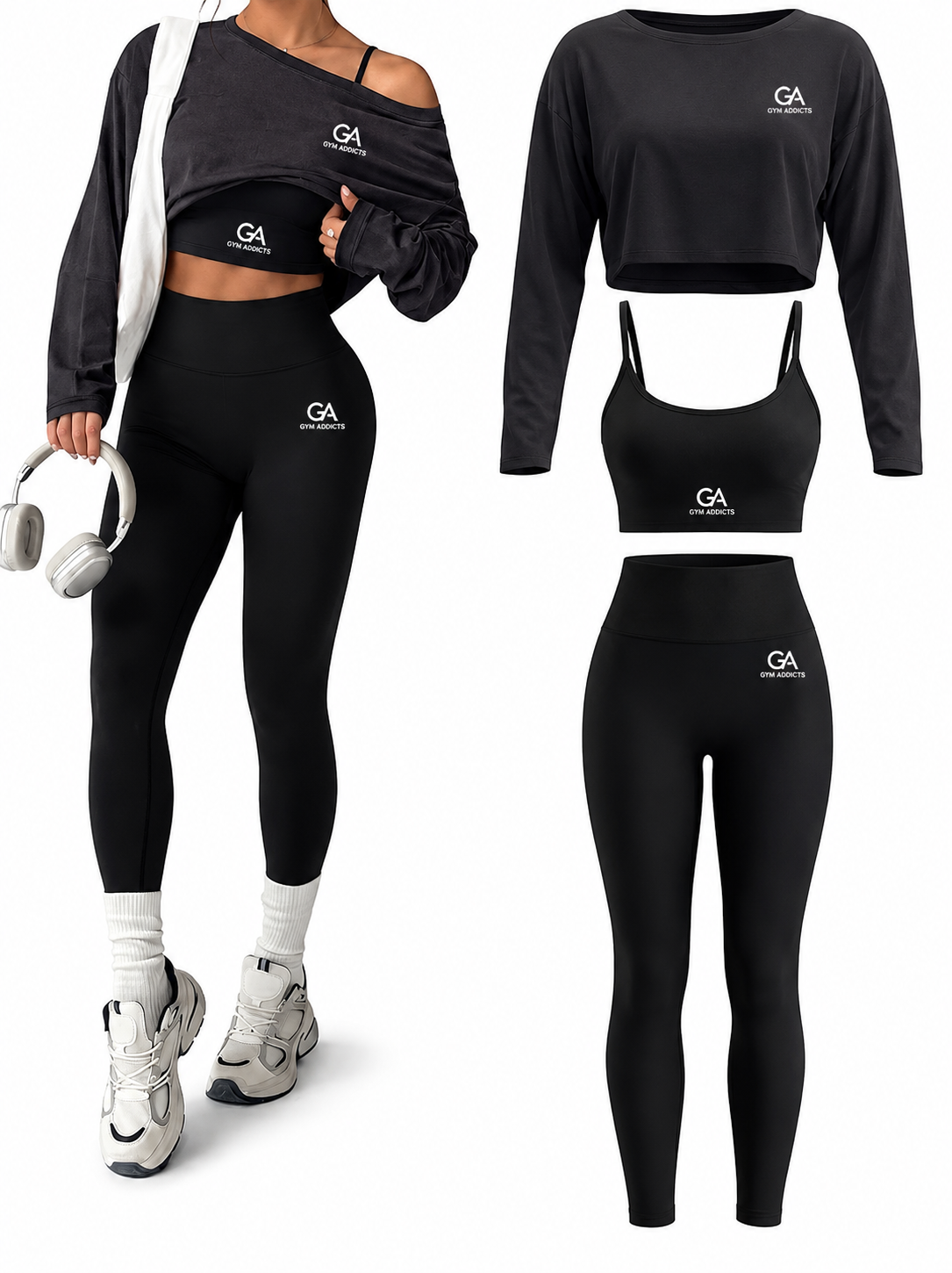 Cutecrop Women 3 Piece Seamless Workout Set High Waisted Leggings Athletic Bra Crew Neck Top Loose Yoga Gym Lounge Outfit