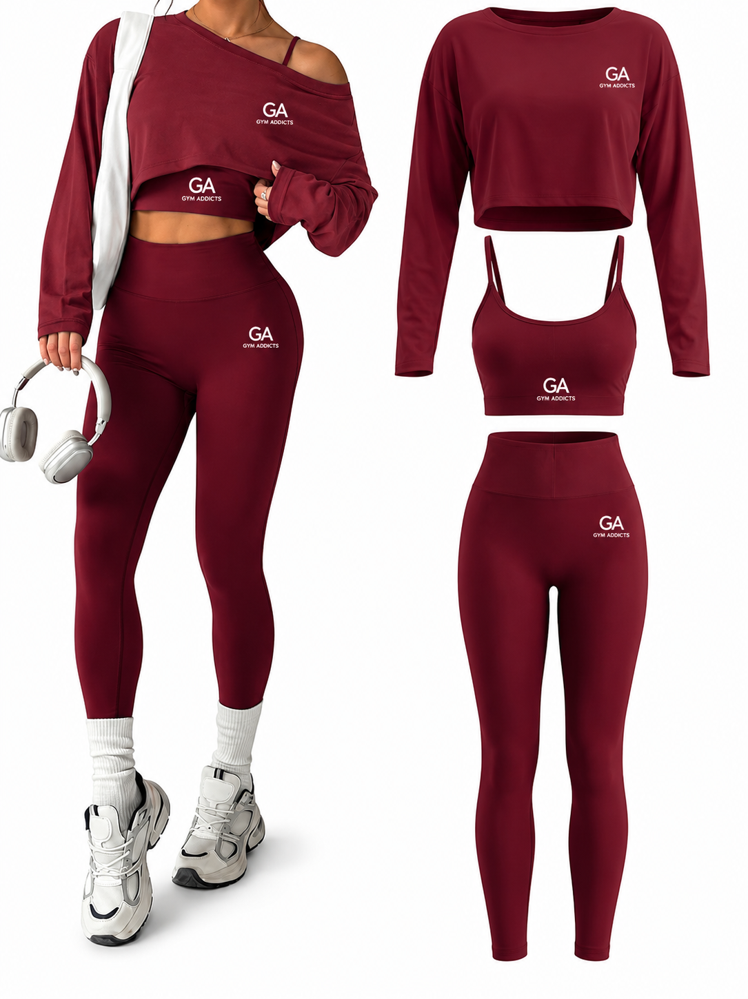 Cutecrop Women 3 Piece Seamless Workout Set High Waisted Leggings Athletic Bra Crew Neck Top Loose Yoga Gym Lounge Outfit