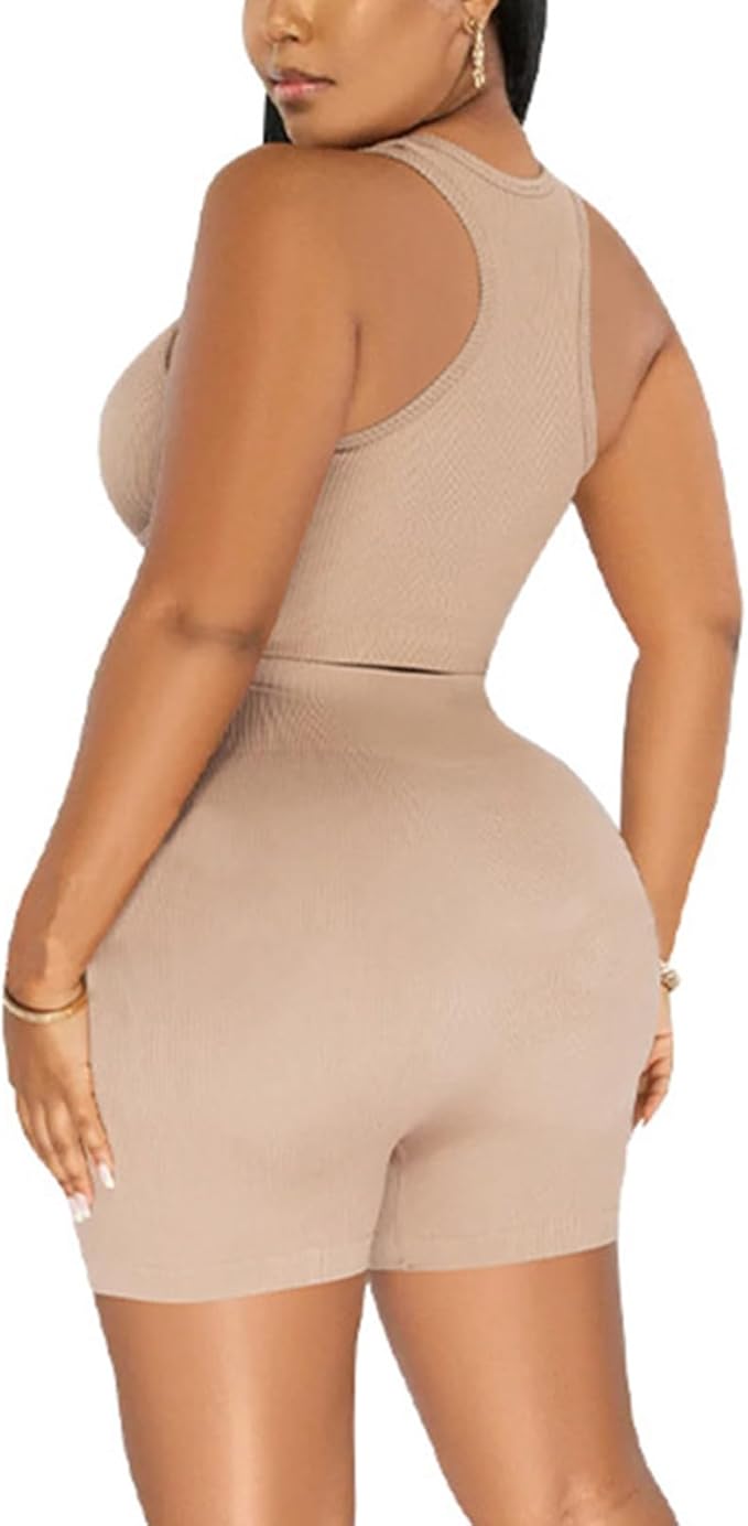Women 2 Piece Plus Size Seamless Ribbed Crop Tank Top and High Waist Biker Shorts Yoga Outfits