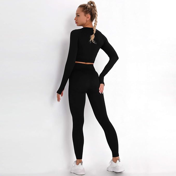 2 Piece Sets Ribbed Yoga Long Sleeve Crop Tops High Waist Leggings Athletic Tracksuit Set Gym Outfits