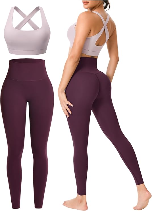 Workout Sets for Women 2 Piece Seamless High-Waisted Leggings & Cross Back Padded Sports Bra