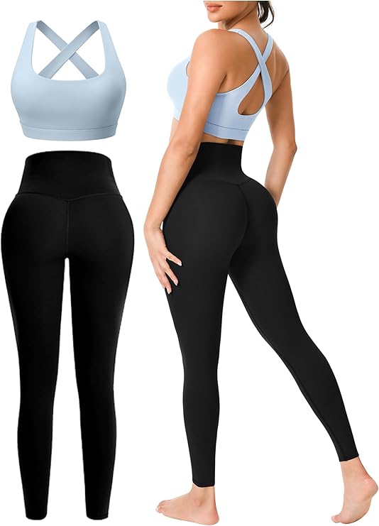Workout Sets for Women 2 Piece Seamless High-Waisted Leggings & Cross Back Padded Sports Bra