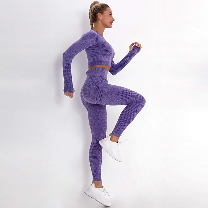 2 Piece Sets Ribbed Yoga Long Sleeve Crop Tops High Waist Leggings Athletic Tracksuit Set Gym Outfits