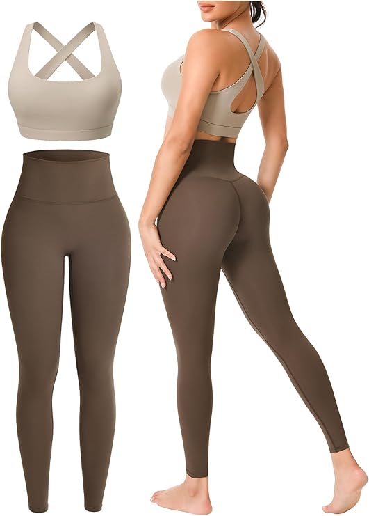 Workout Sets for Women 2 Piece Seamless High-Waisted Leggings & Cross Back Padded Sports Bra