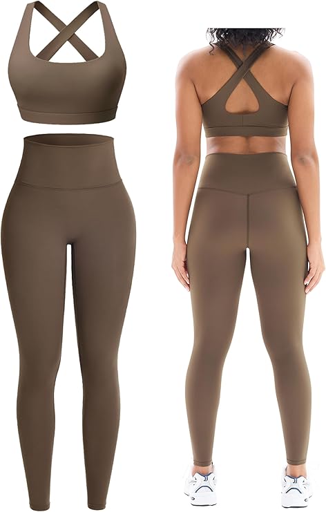 Workout Sets for Women 2 Piece Seamless High-Waisted Leggings & Cross Back Padded Sports Bra