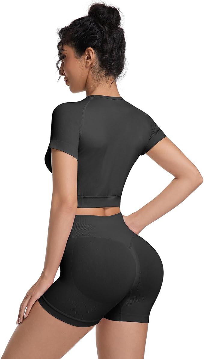 2 Piece Workout Sets for Women Impact Crop Top Shirts and Seamless Gym Shorts Outfits