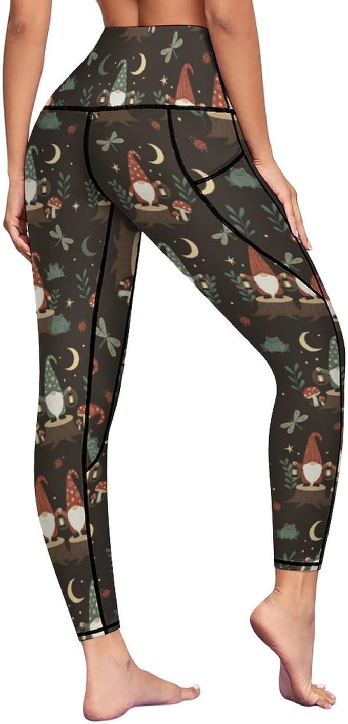 Gnome Leggings with 2 Pockets for Women High Waist Tummy Control Workout Running Yoga Pants