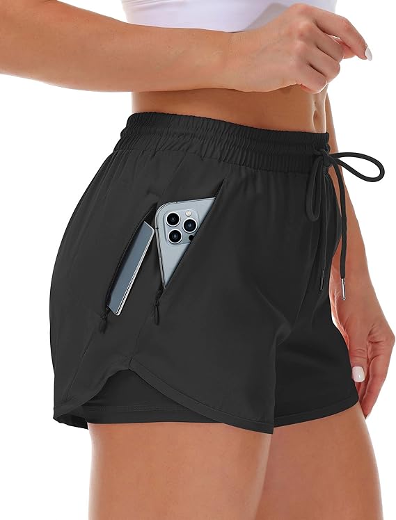 Women's Running Shorts with Liner 3 Zipper Pockets Elastic Workout Athletic Gym Yoga Shorts