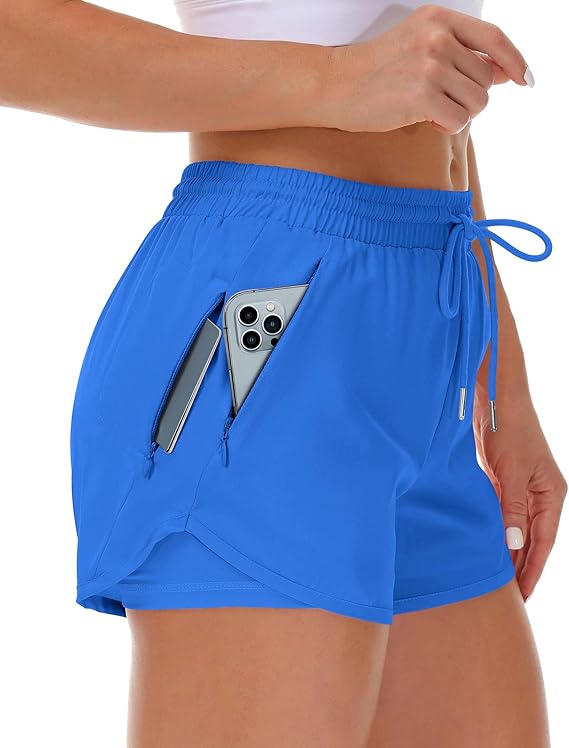 Women's Running Shorts with Liner 3 Zipper Pockets Elastic Workout Athletic Gym Yoga Shorts