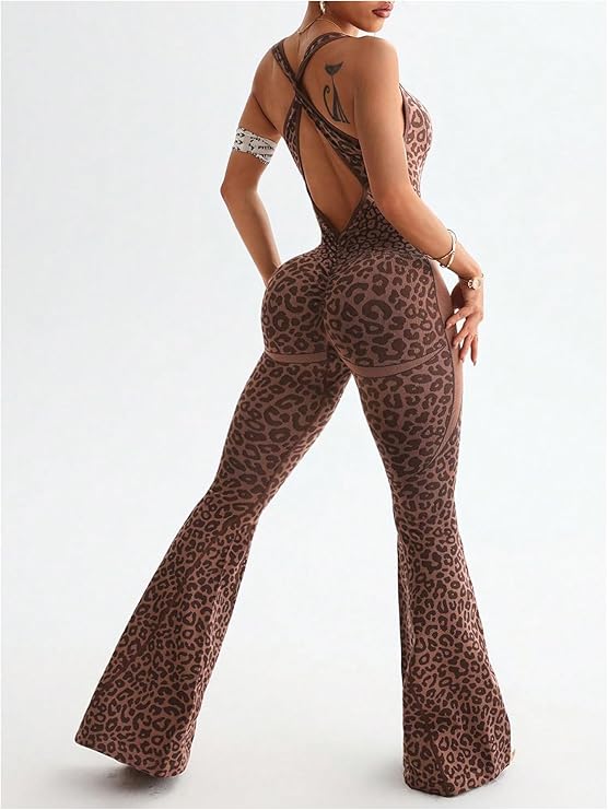 Women's Leopard Print Scoop Neck Flare Yoga Jumpsuits Twist Backless Sleeveless Sports Pants Romper
