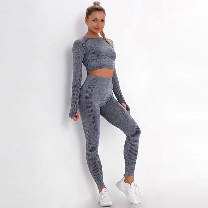 2 Piece Sets Ribbed Yoga Long Sleeve Crop Tops High Waist Leggings Athletic Tracksuit Set Gym Outfits