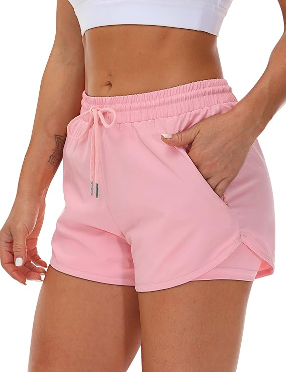 Women's Running Shorts with Liner 3 Zipper Pockets Elastic Workout Athletic Gym Yoga Shorts