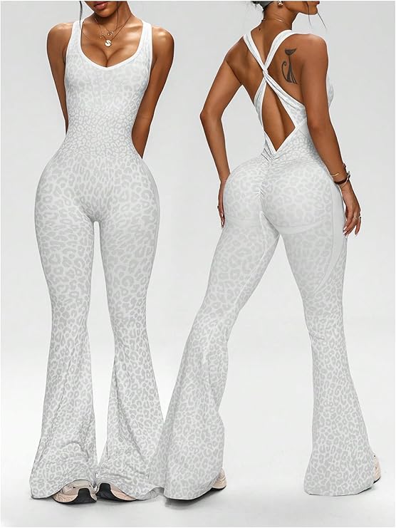 Women's Leopard Print Scoop Neck Flare Yoga Jumpsuits Twist Backless Sleeveless Sports Pants Romper