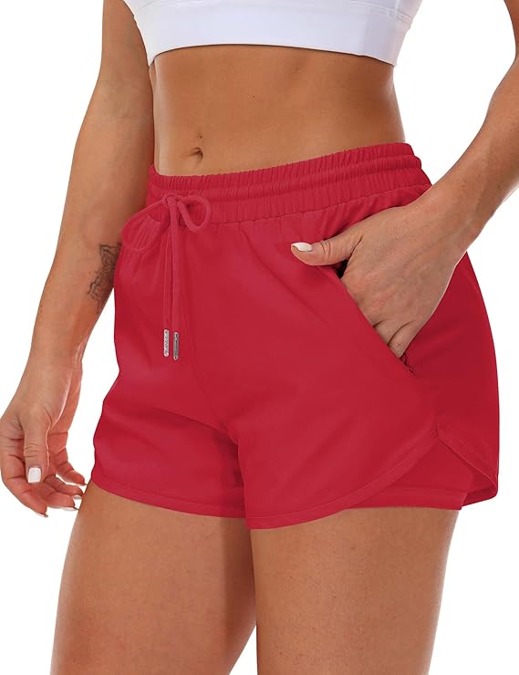 Women's Running Shorts with Liner 3 Zipper Pockets Elastic Workout Athletic Gym Yoga Shorts