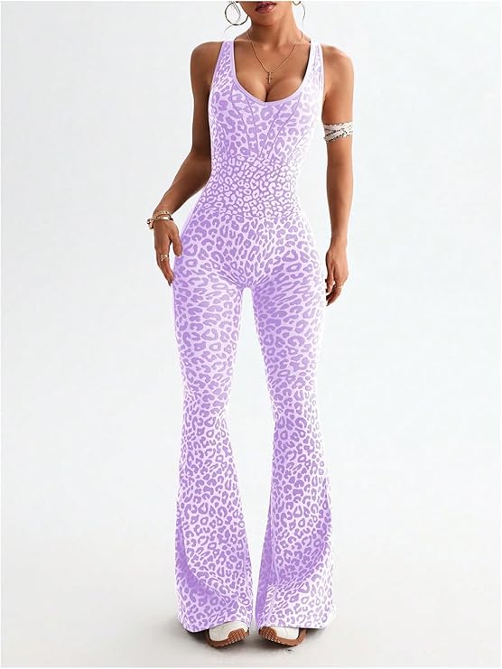 Women's Leopard Print Scoop Neck Flare Yoga Jumpsuits Twist Backless Sleeveless Sports Pants Romper