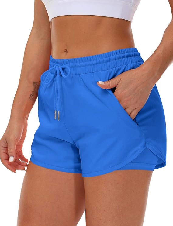 Women's Running Shorts with Liner 3 Zipper Pockets Elastic Workout Athletic Gym Yoga Shorts