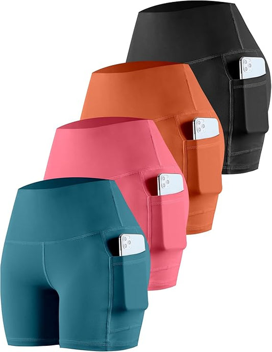 Womens Biker Yoga Shorts with Pockets: High Waisted Tummy Control Spandex Workout Athletic Gym Shorts 4 Packs