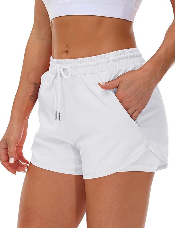 Women's Running Shorts with Liner 3 Zipper Pockets Elastic Workout Athletic Gym Yoga Shorts