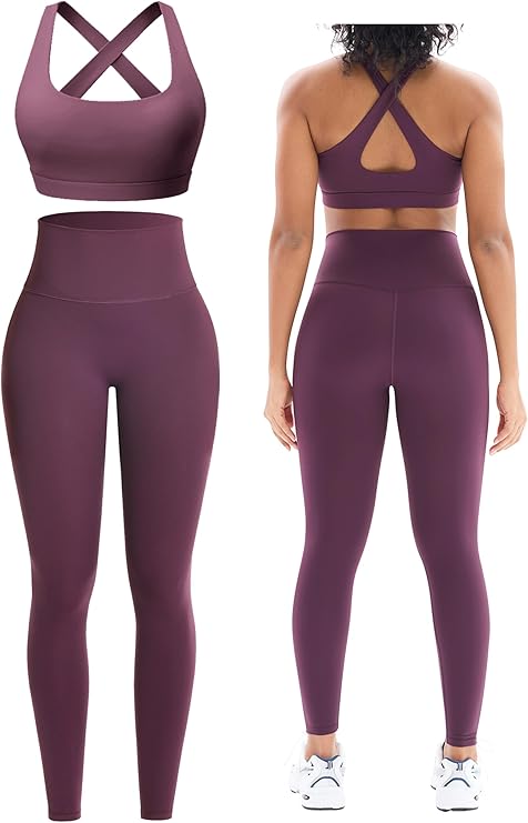 Workout Sets for Women 2 Piece Seamless High-Waisted Leggings & Cross Back Padded Sports Bra