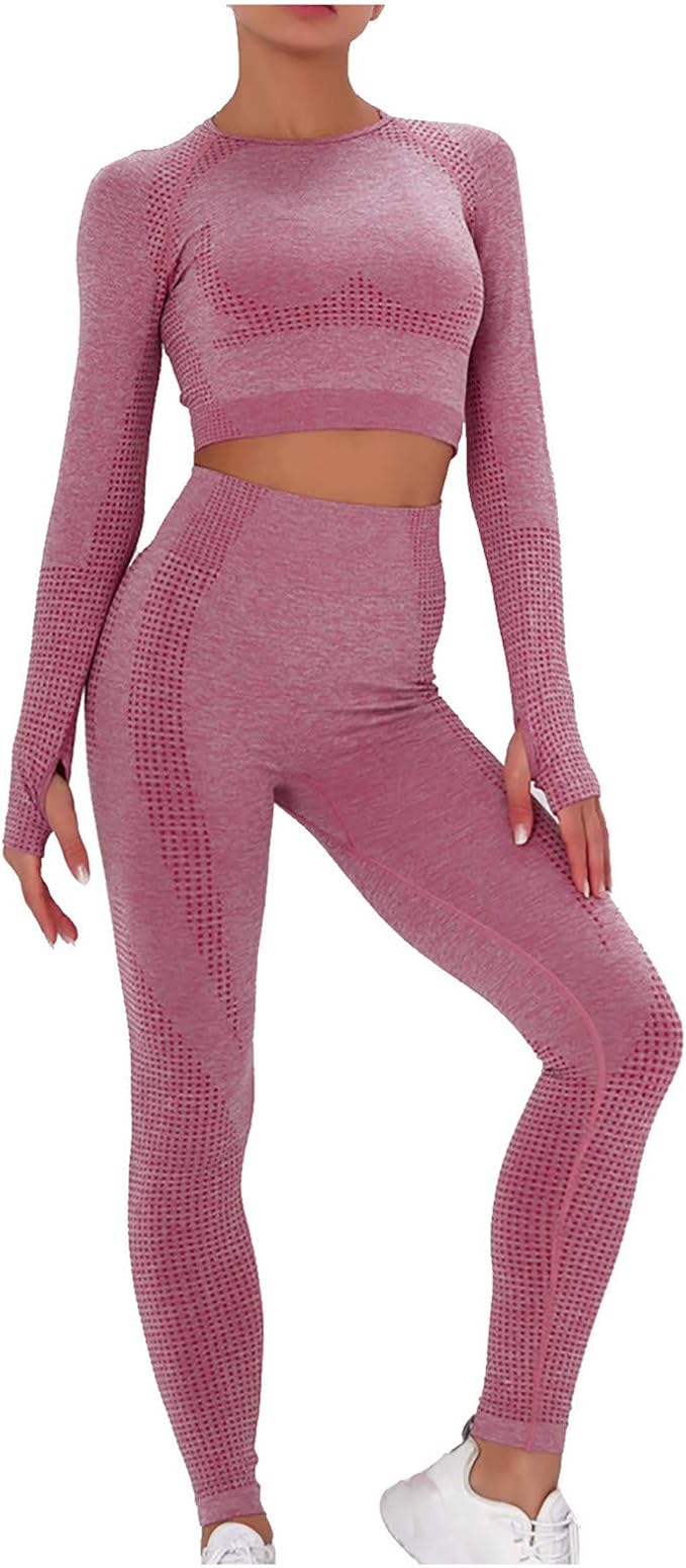 2 Piece Sets Ribbed Yoga Long Sleeve Crop Tops High Waist Leggings Athletic Tracksuit Set Gym Outfits