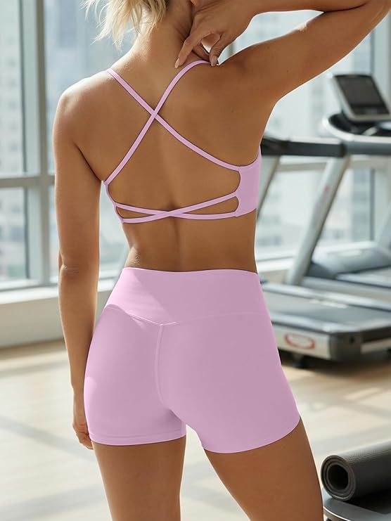 2 Piece Workout Sets for Women Criss Cross Back High Waisted Biker Shorts