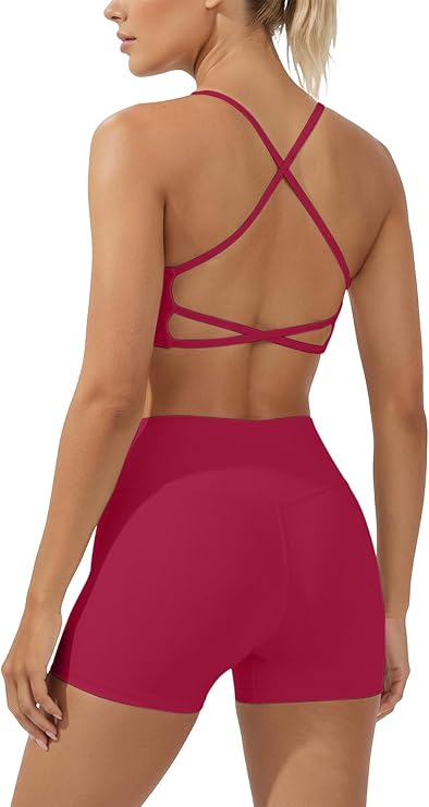 2 Piece Workout Sets for Women Criss Cross Back High Waisted Biker Shorts