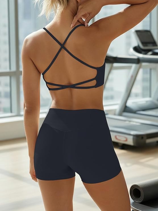 2 Piece Workout Sets for Women Criss Cross Back High Waisted Biker Shorts