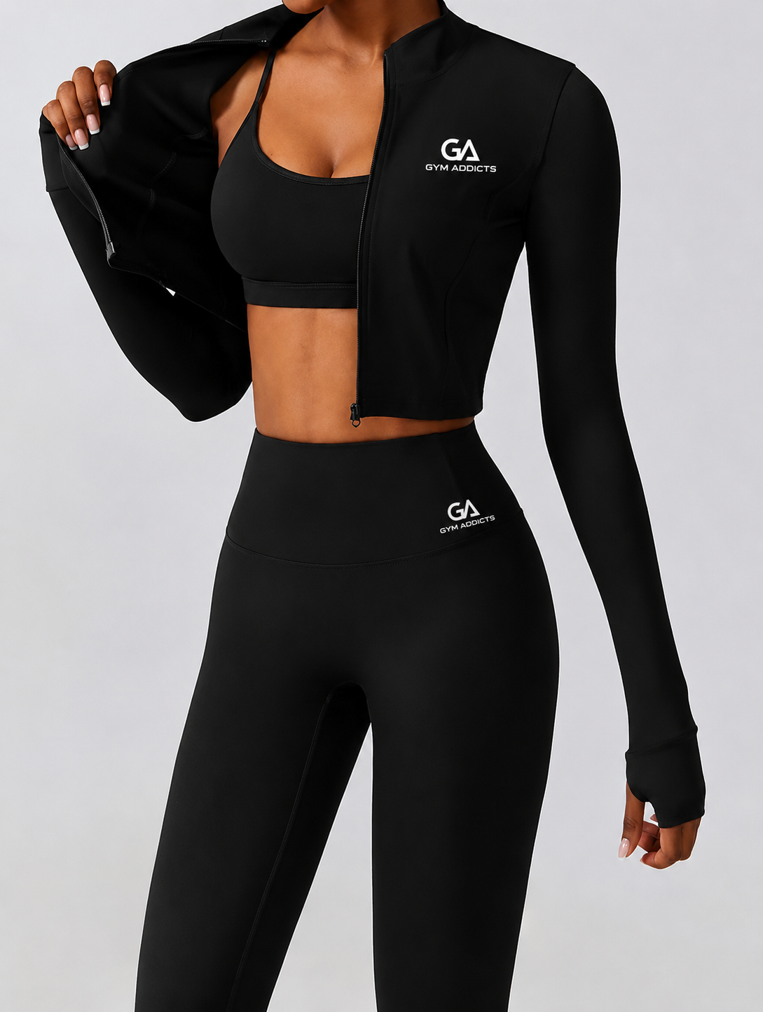 3 Piece Women Workout Set Sports Bra Crop Top Jacket with Thumb Holes Tummy Control High Waist Leggings