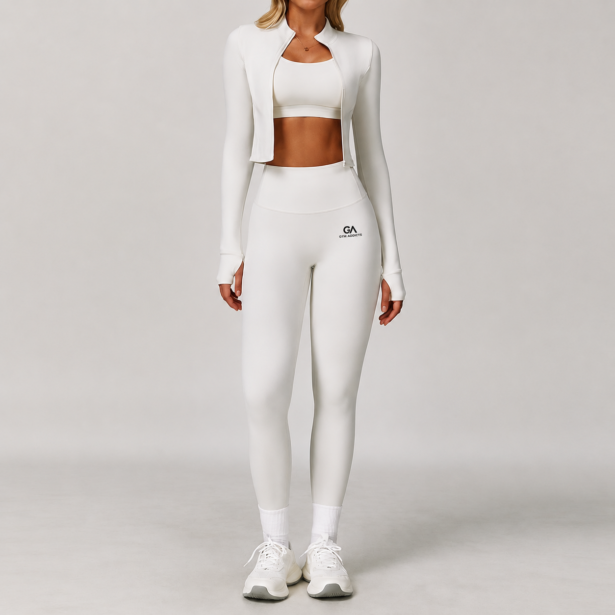 3 Piece Women Workout Set Sports Bra Crop Top Jacket with Thumb Holes Tummy Control High Waist Leggings